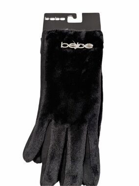 bebe Black Faux Fur Logo Gloves